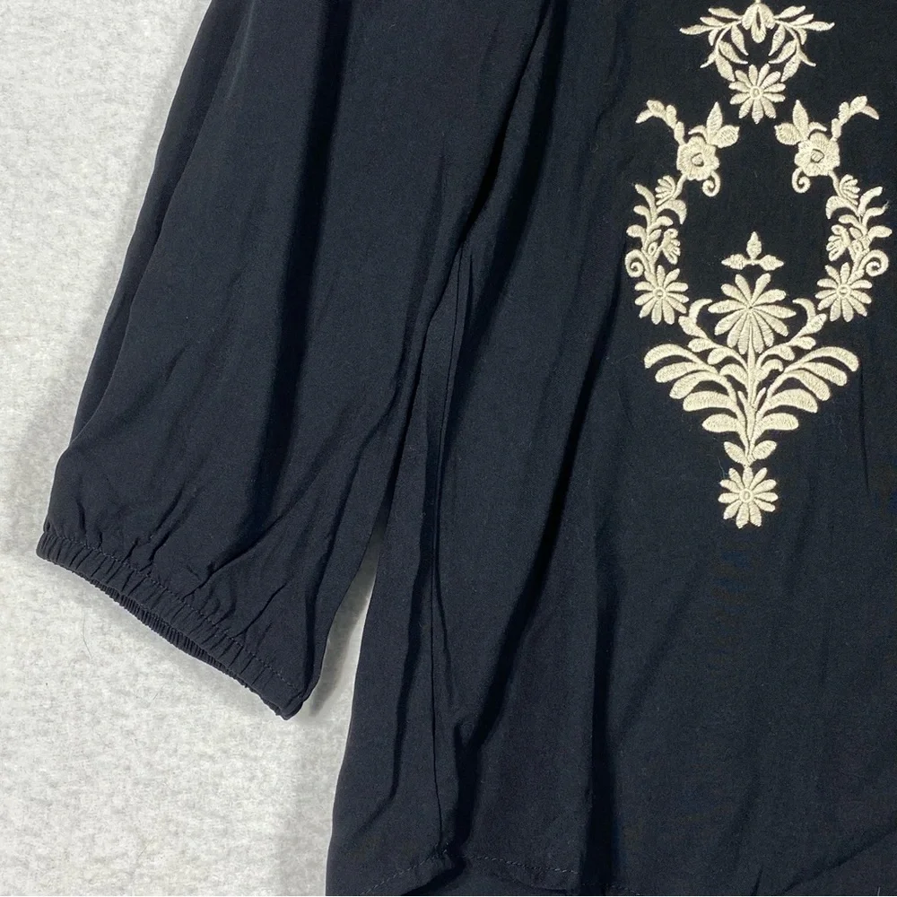 Angels Forever Young Boho Floral Blouse Women M Black Embroidered 3/4 Sleeve NWT - Picture 7 of 15